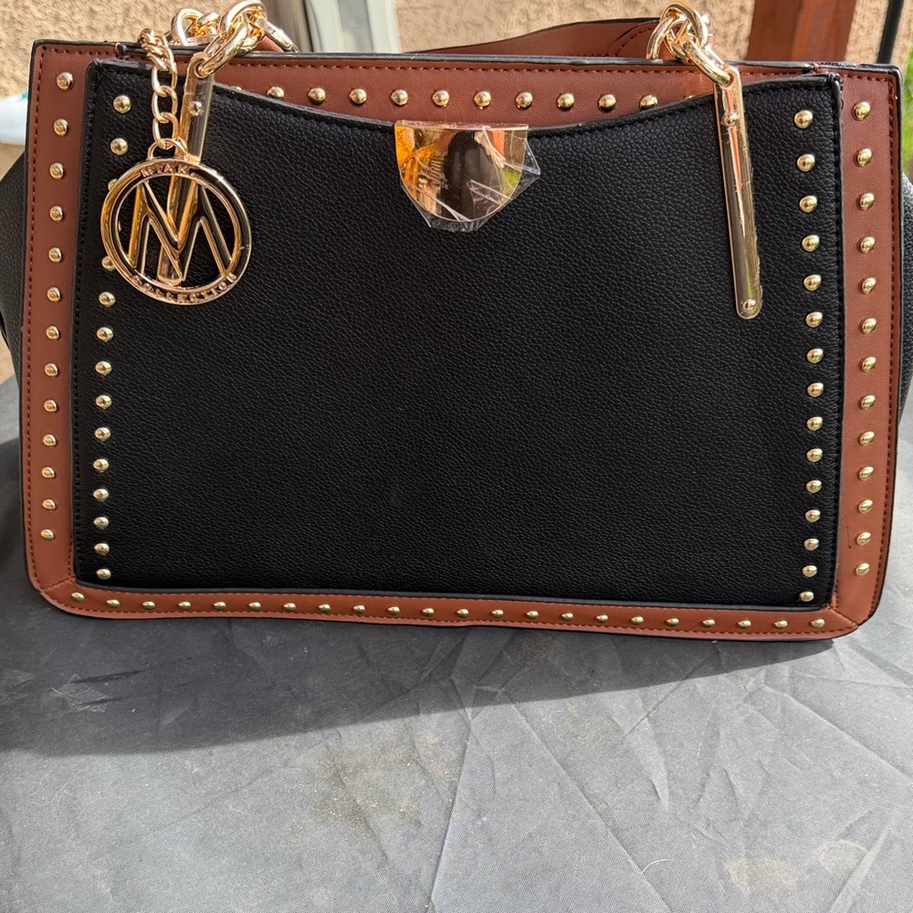 MIA Black and Brown Studded Shoulder Tote with Gold Charm